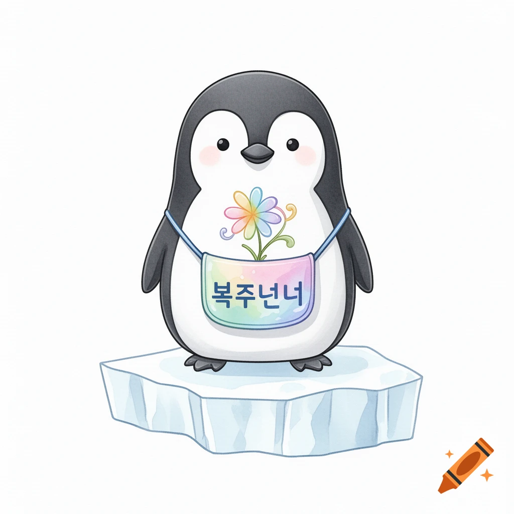 A cute cartoon penguin standing on an iceberg, wearing a colorful lucky pouch with a rainbow flower and Korean text.