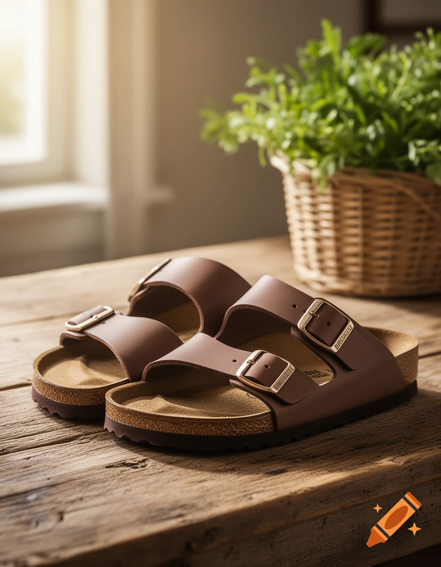 A pair of brown leather Birkenstock sandals with gold buckles sits on a rustic wooden table next to a woven basket with green plants, lit by soft window light.