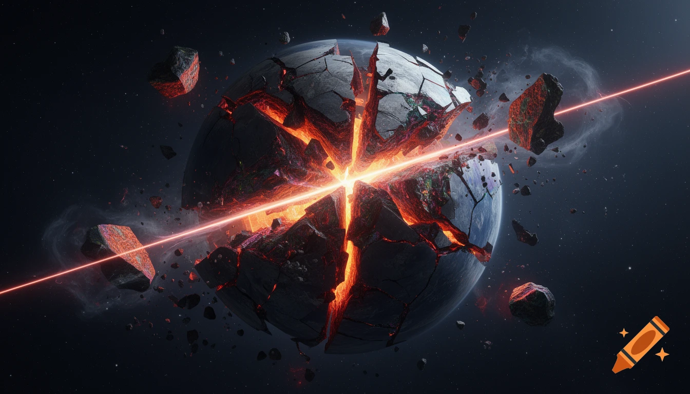 An exploding planet shattered by a bright red laser beam, with glowing magma inside and rocky debris flying in dark space.