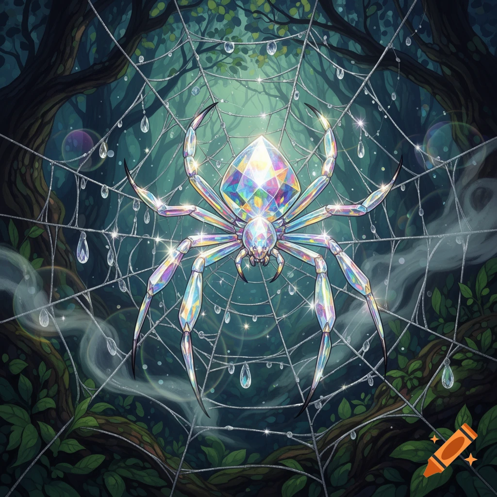 A vibrant, faceted crystal spider sits on a dew-covered web in a lush, dark fantasy forest.