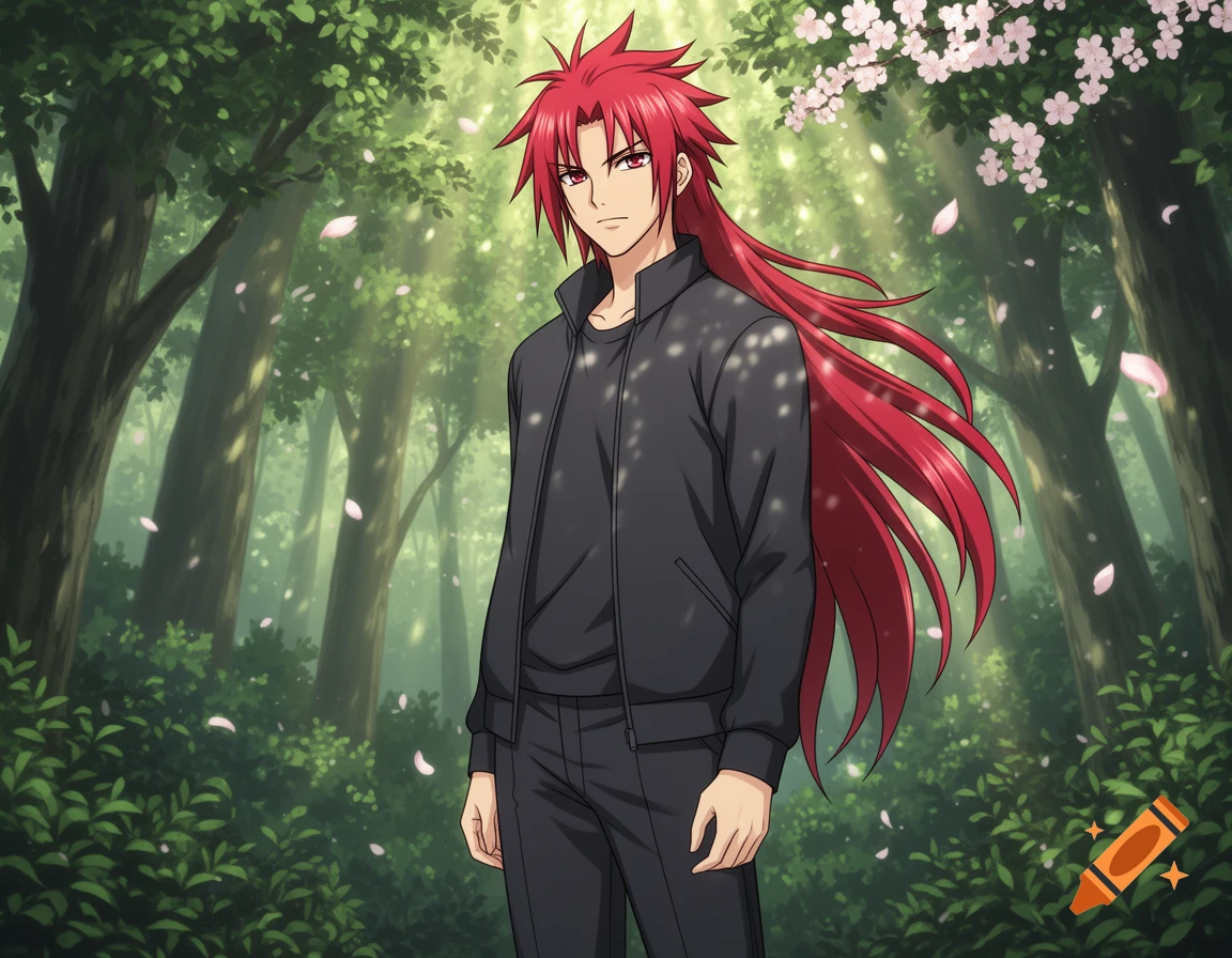 Anime male character with long red hair and a black jacket stands in a ...