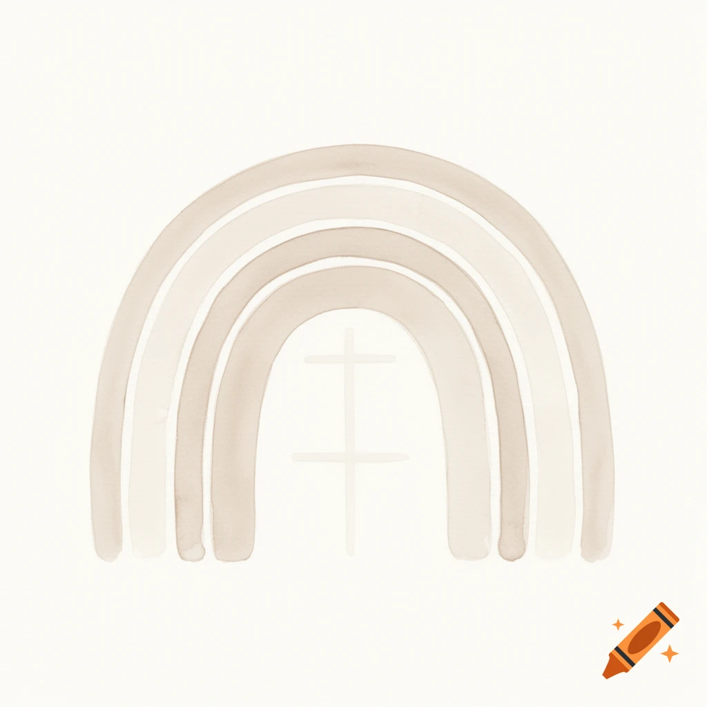 A minimalist boho watercolor rainbow in soft beige tones, with a subtle white cross in the center, on a white background.