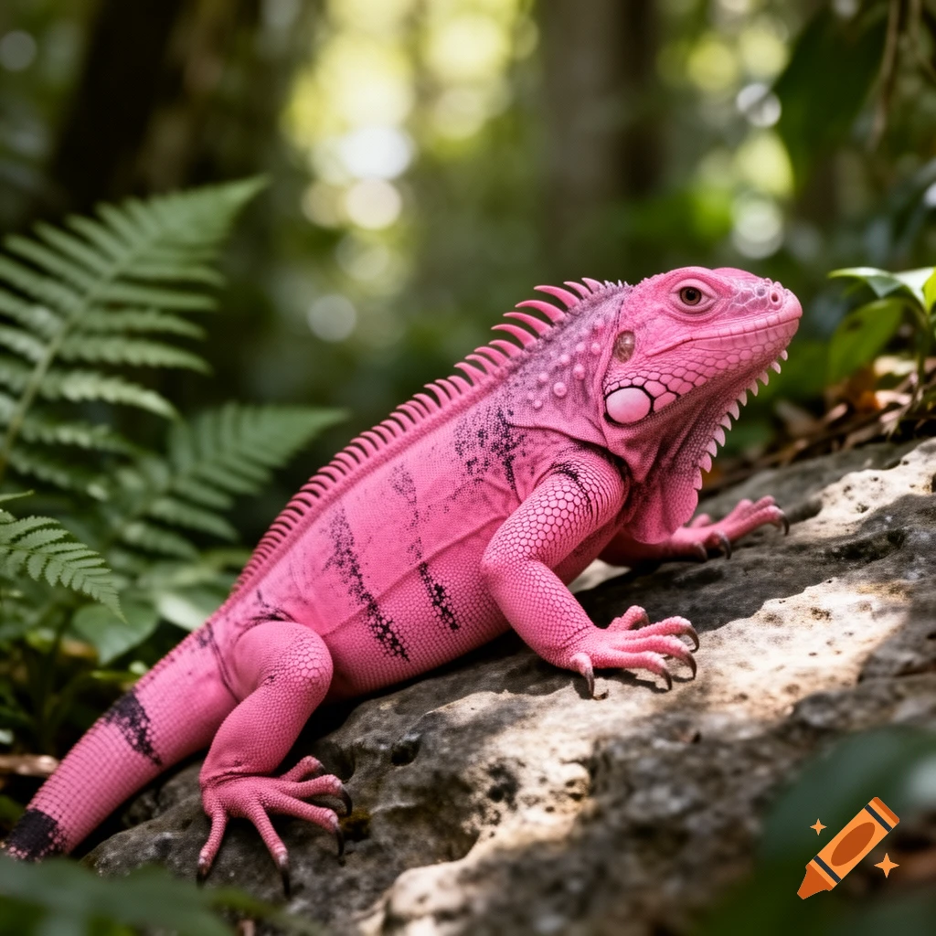 A vibrant pink iguana with black stripes rests on a sun-dappled rock amidst lush green foliage.