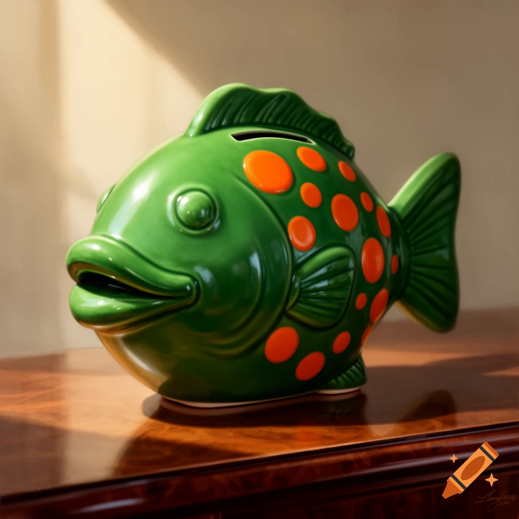 A green fish-shaped money bank with orange polka dots and large lips, sits on a polished wooden surface, lit by sunlight.