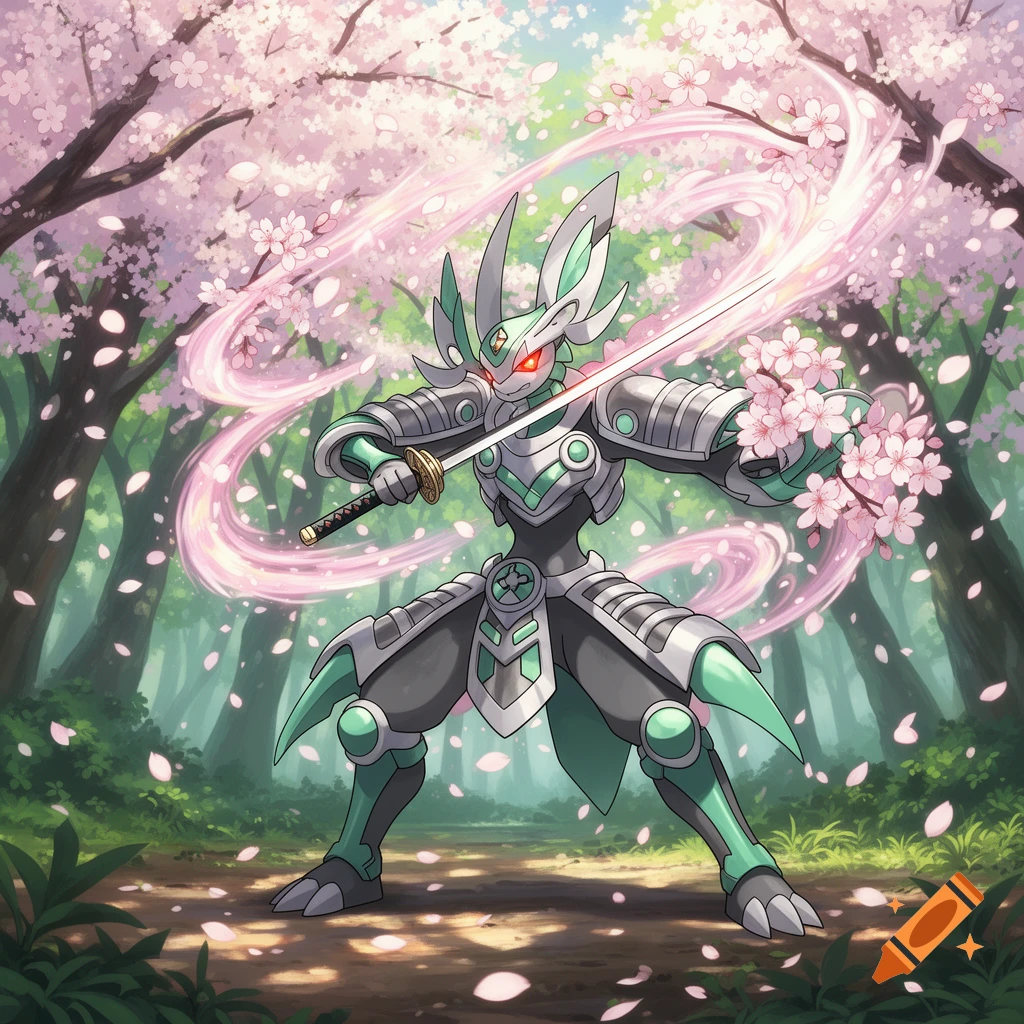 A samurai-armored rabbit-like Pok essimon holds a katana, surrounded by swirling pink energy and falling cherry blossoms in an anime forest.
