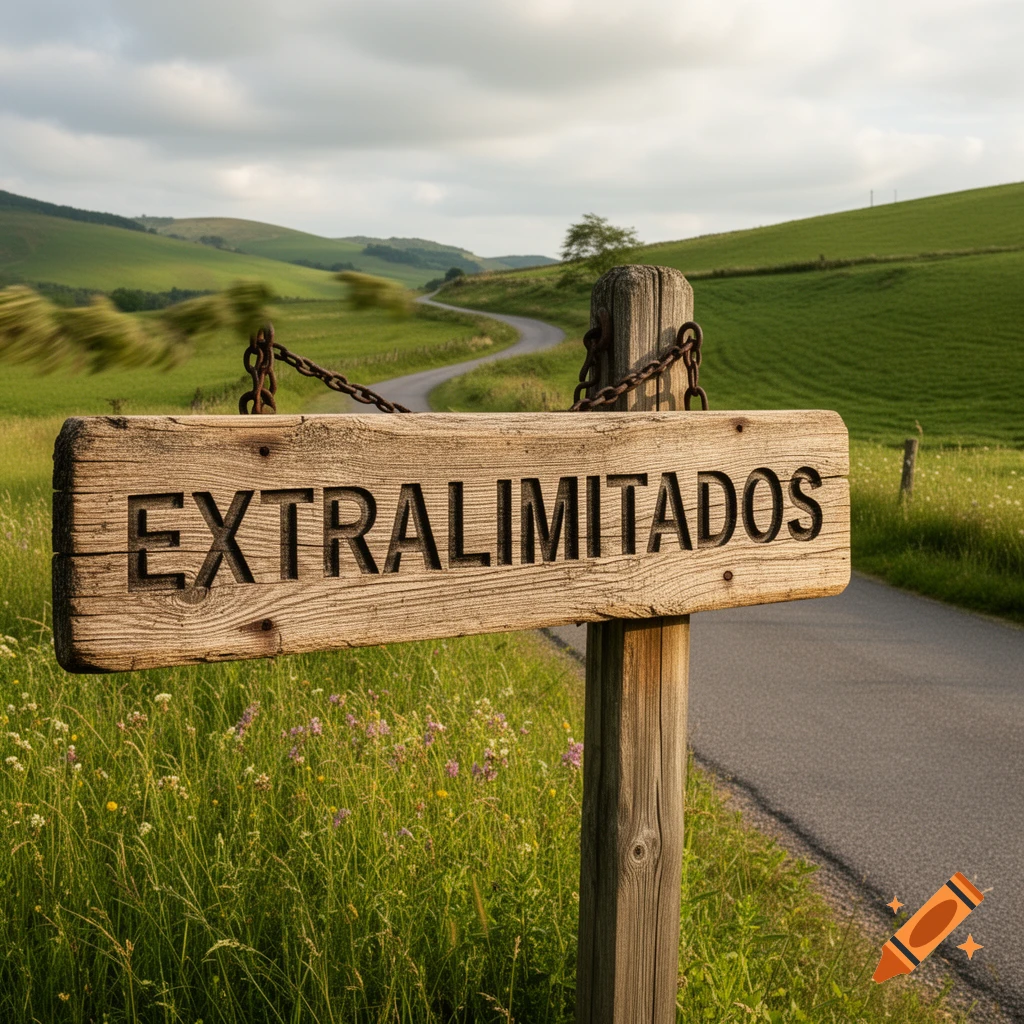 Wooden sign reading 'EXTRALIMITADOS' on a post by a winding road through green, hilly countryside.