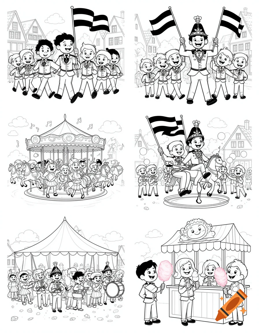 Black and white cartoon line art of children participating in a festival parade, riding a carousel, playing music, and buying cotton candy.