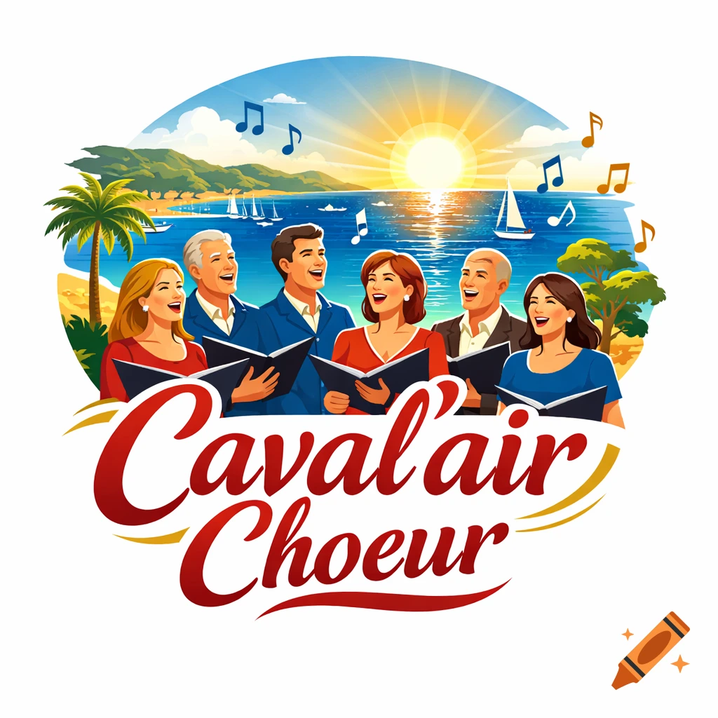 Logo illustration of an adult choir singing by a sunny beach with boats, with text 'Caval'air Choeur'.