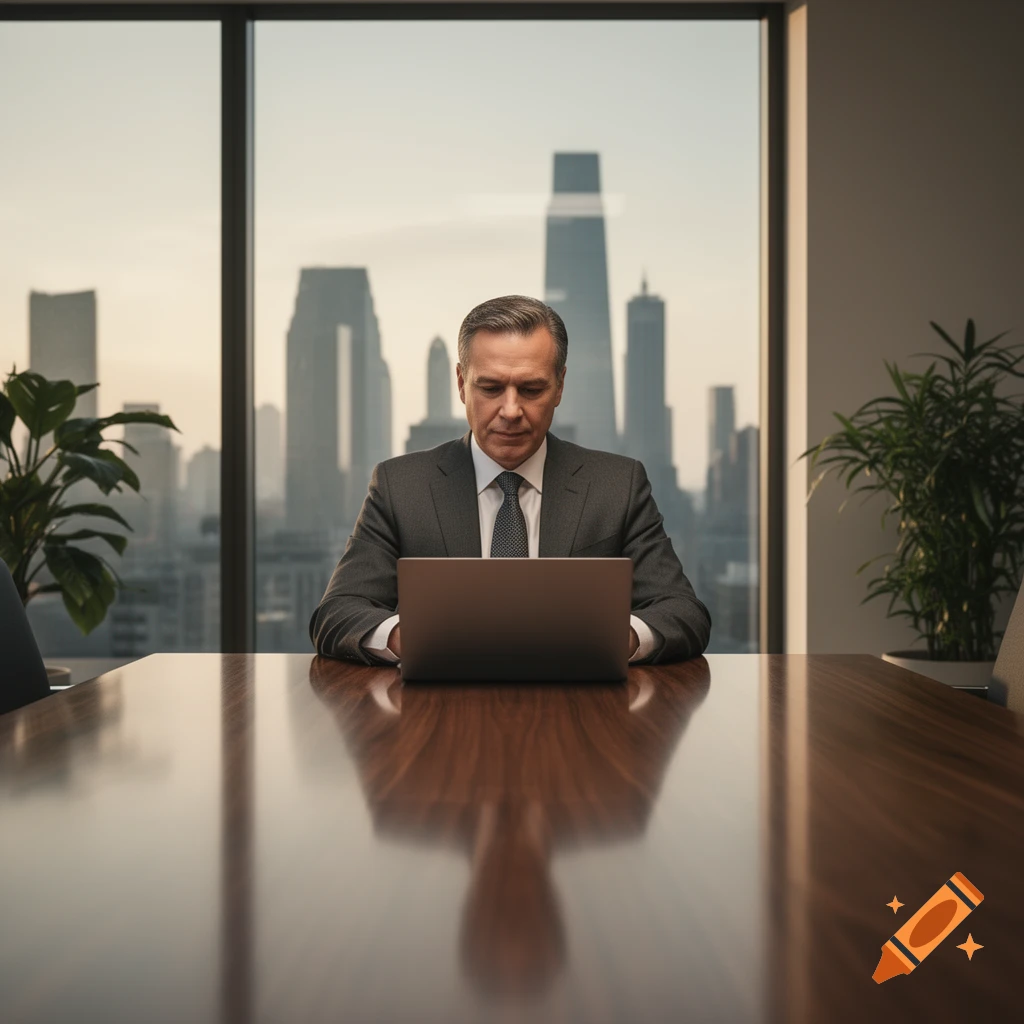 A businessman in a suit works on a laptop at a large wooden table in a high-rise office with a city skyline view.