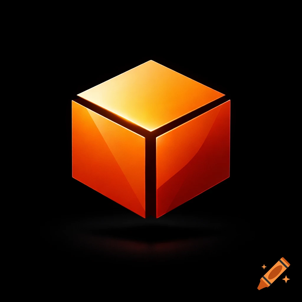 A shiny, vibrant orange 3D cube logo, angled in a three-quarter view, levitates slightly above a black background, casting a subtle reflection below.