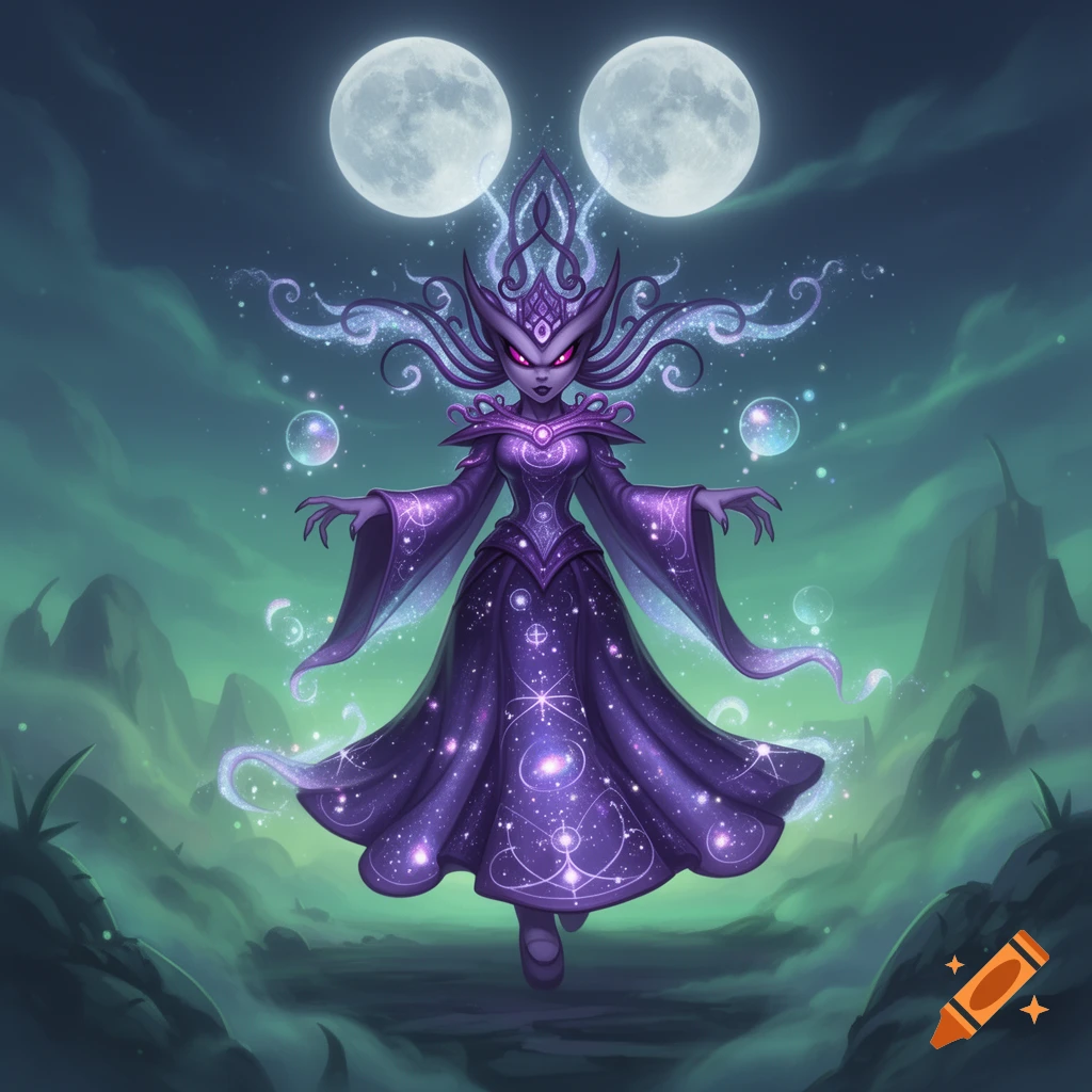 A stylized purple alien princess floats under two moons, adorned in a star-patterned robe, against a misty, glowing fantasy landscape.
