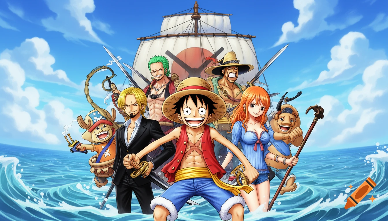 The Straw Hat Pirates, including Luffy, Zoro, Nami, Sanji, Usopp, and Chopper, stand on ocean waves with their ship, the Thousand Sunny, under a blue sky.