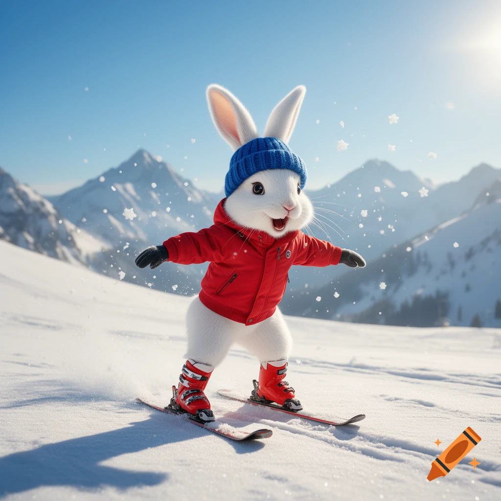 A cute, fluffy white bunny in a red jacket and blue hat skis down a snowy mountain under a clear blue sky.