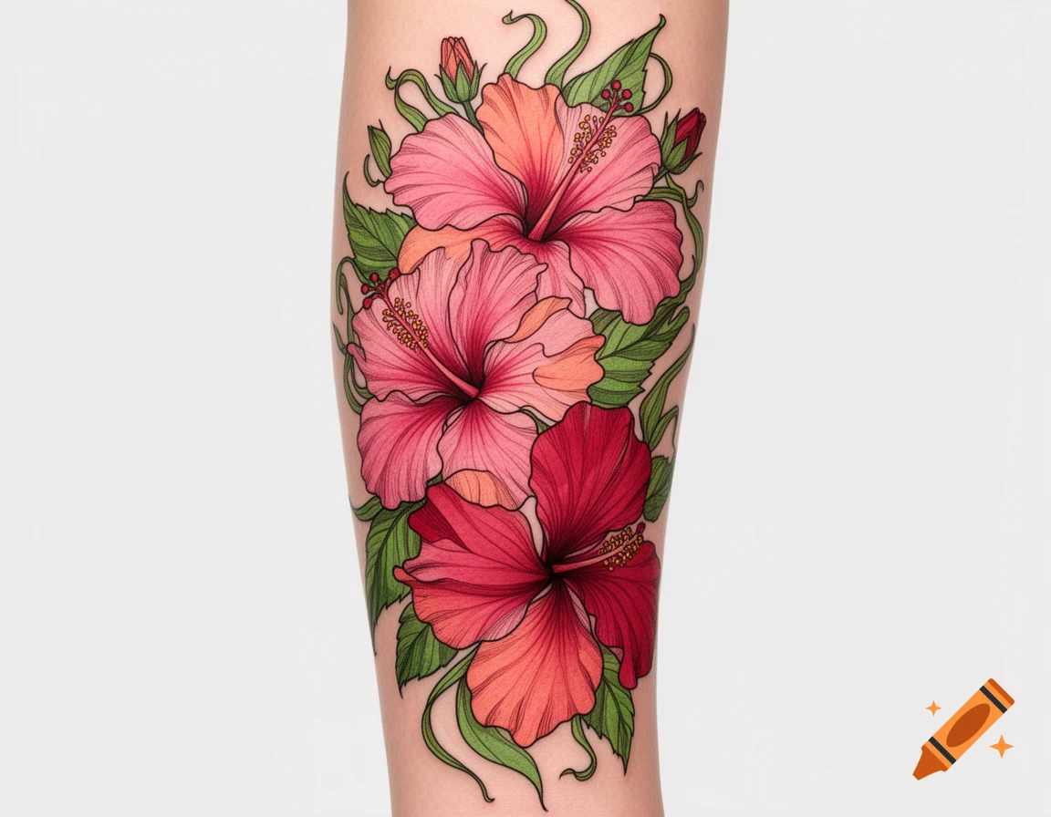 A vibrant tattoo featuring three hibiscus flowers in shades of pink, orange, and red, with green leaves and vines on a person's limb.