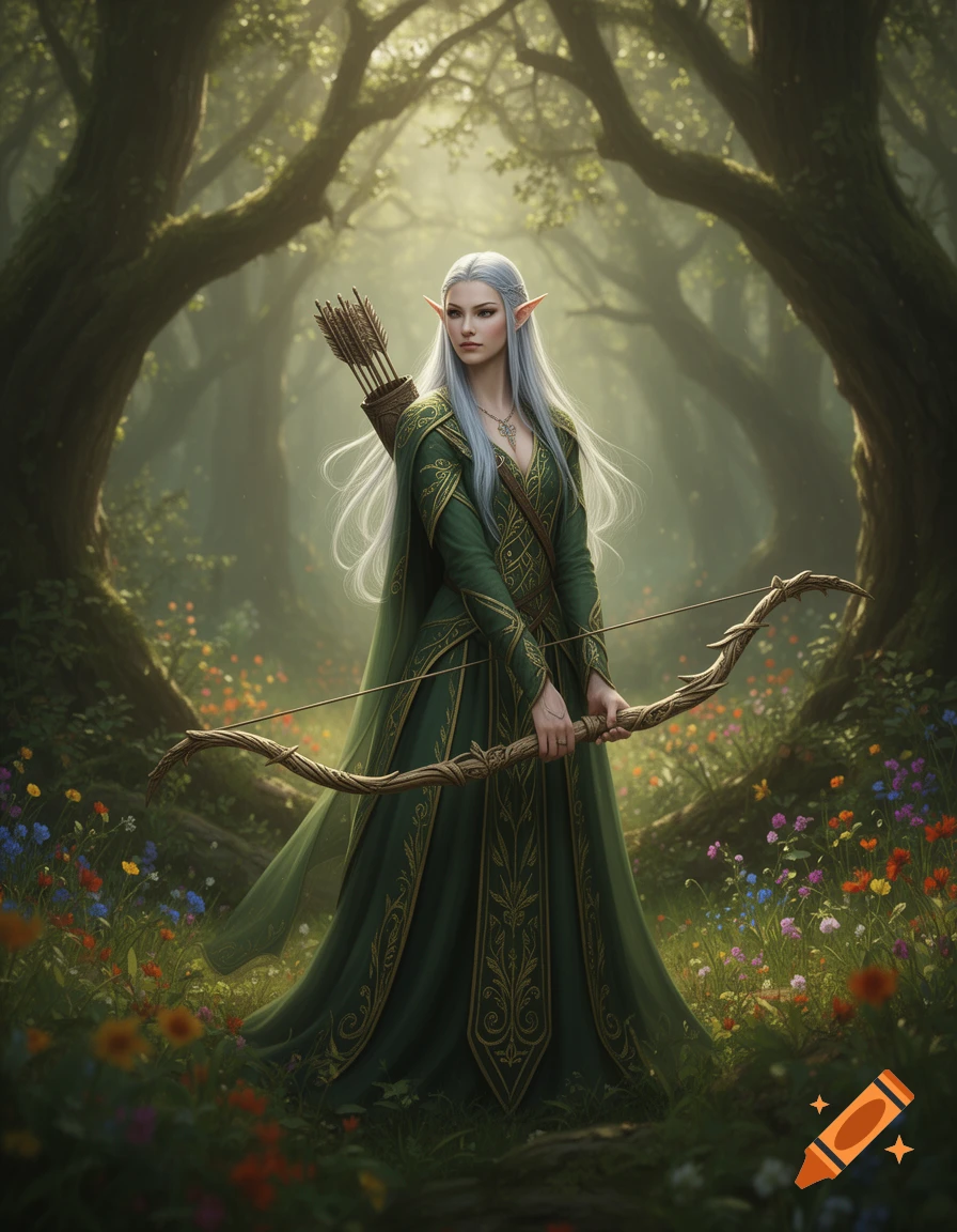 A silver-haired elf woman in an ornate green dress stands in a mystical forest, holding a wooden bow and quiver.