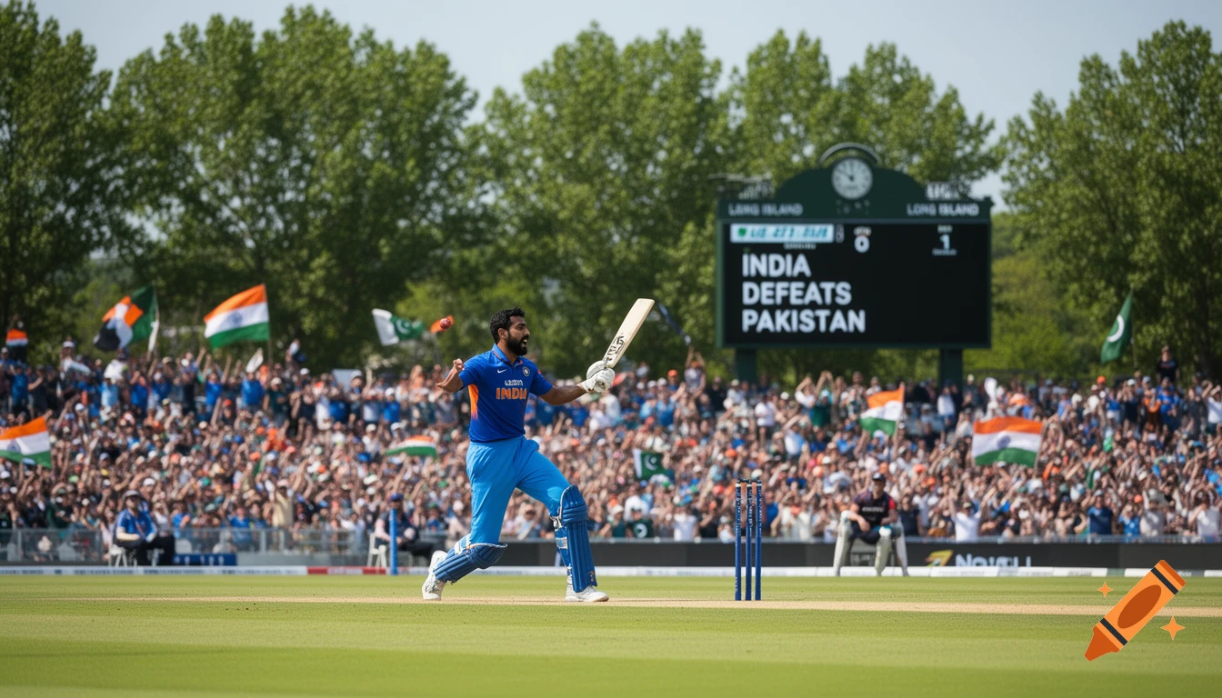 A male cricket player in blue celebrates a victory with a bat, in front of a cheering crowd and a scoreboard.