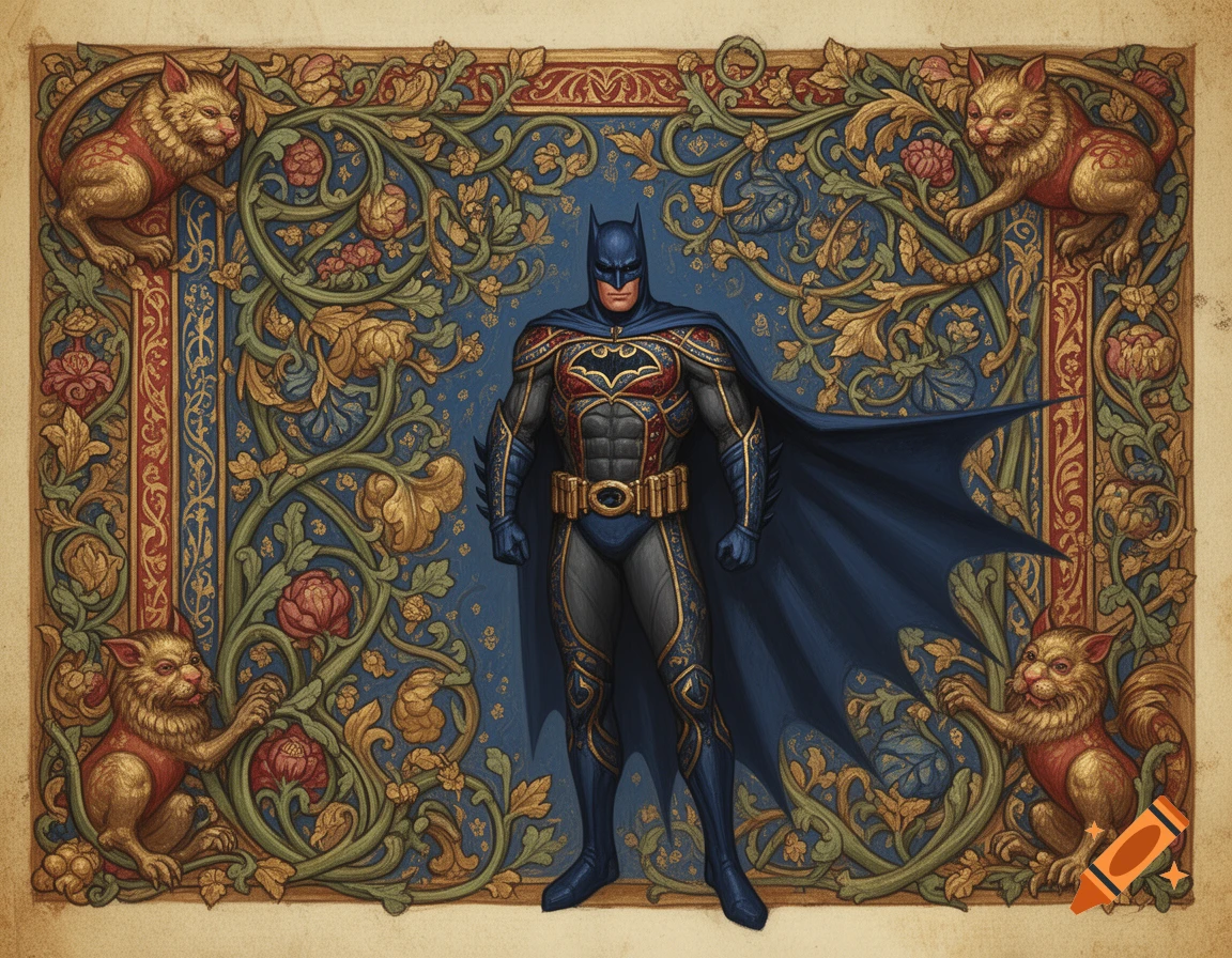 Batman in a medieval marginalia illustration with a blue background, intricate gold and red floral patterns, and stylized cat-like creatures.