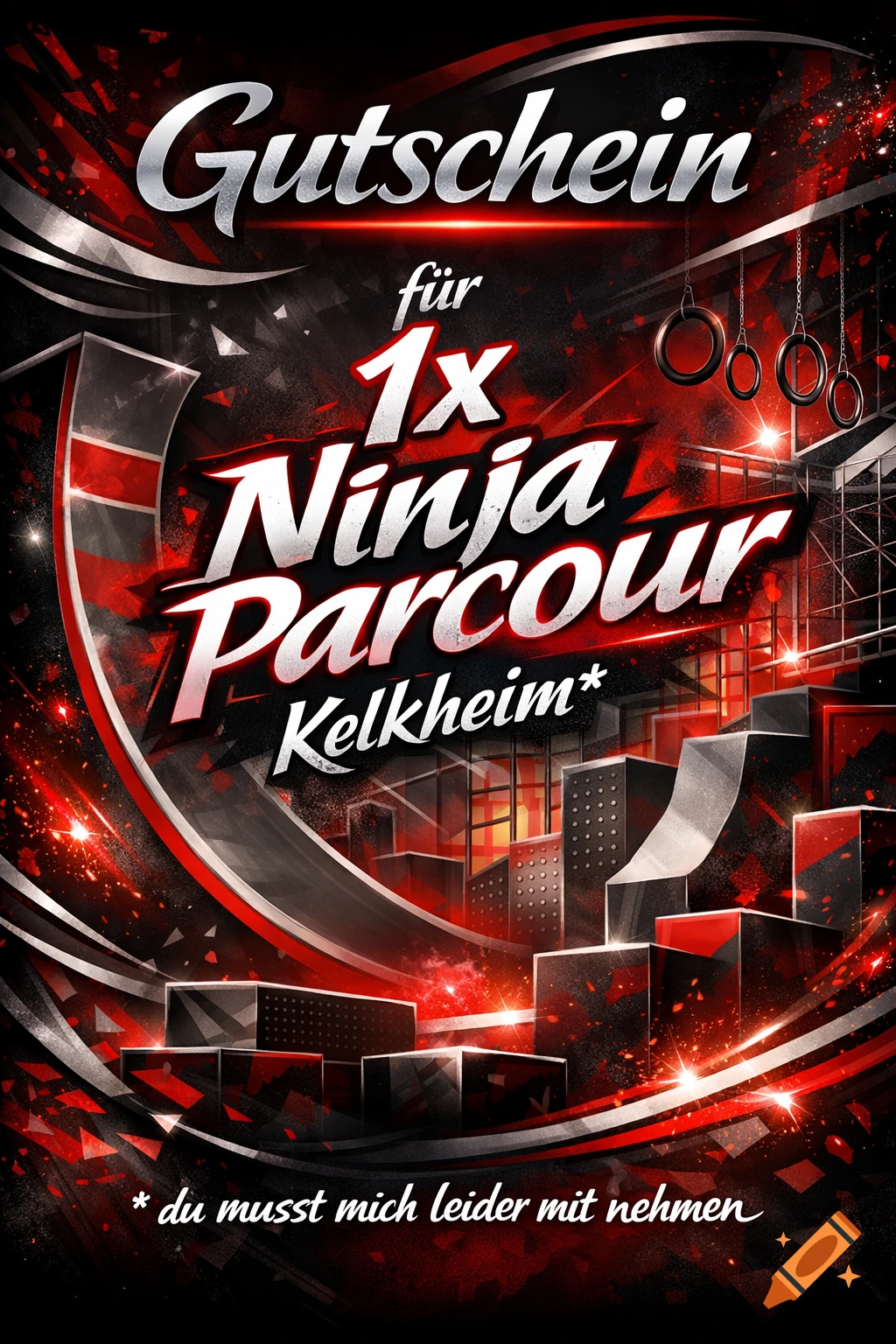 A graphic voucher with a black and red ninja warrior obstacle course background. Text says 'Gutschein für 1x Ninja Parcour Kelkheim*'.
