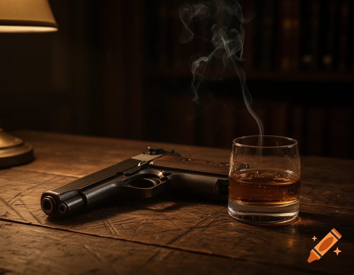 A dark, moody still life featuring a handgun, a glass of amber liquor with rising smoke, and a lamp on a wooden table.