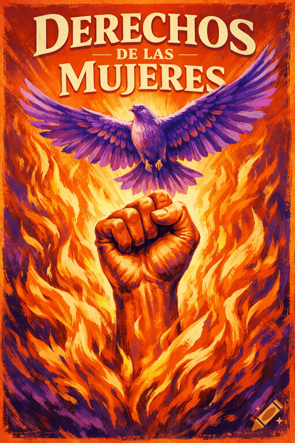 Painted poster: A raised fist surrounded by flames, under a purple bird, with text "DERECHOS DE LAS MUJERES" in orange and purple.