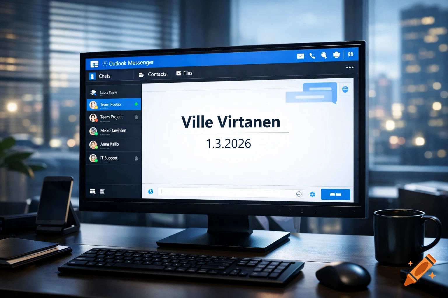 A close-up shot of a computer monitor displaying an Outlook Messenger interface with names like "Ville Virtanen" and a date, on an office desk with a keyboard, mouse, and mug, against a blurred city background.