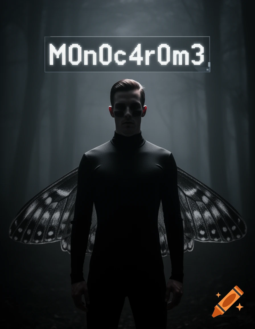 A mysterious man with large moth wings stands in a dark, foggy forest, with the text 'M0n0c4r0m3' glowing above his head.