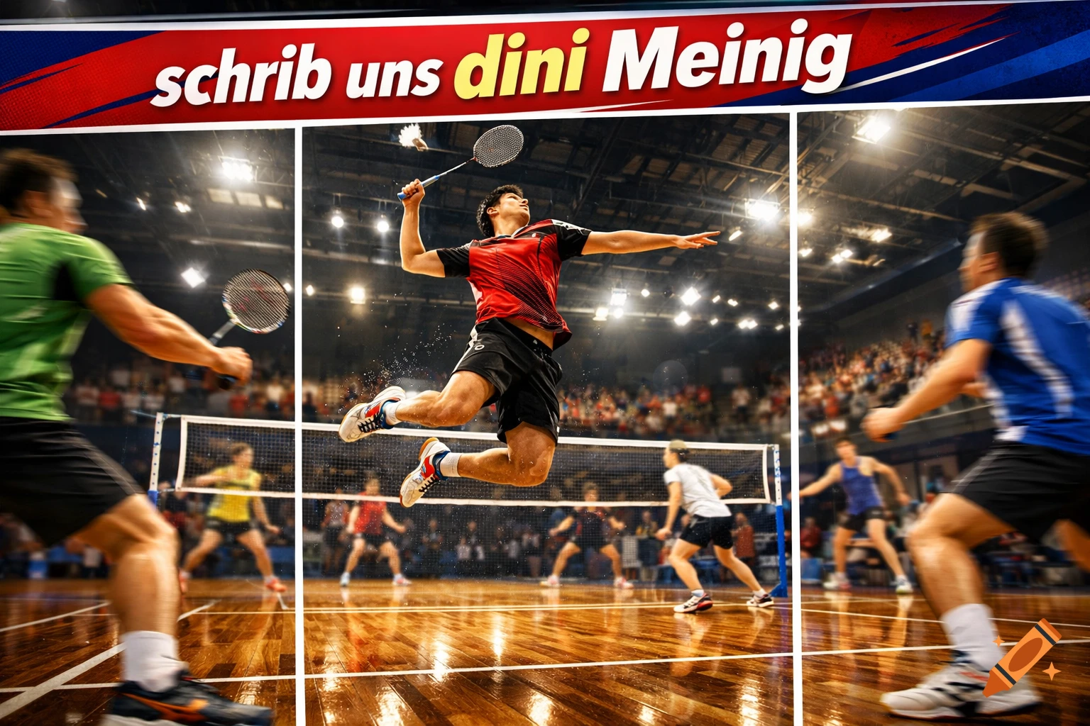 Dynamic photo of a badminton player leaping to hit a shuttlecock on a court, with spectators. Text 'schrib uns dini Meinig' overhead.