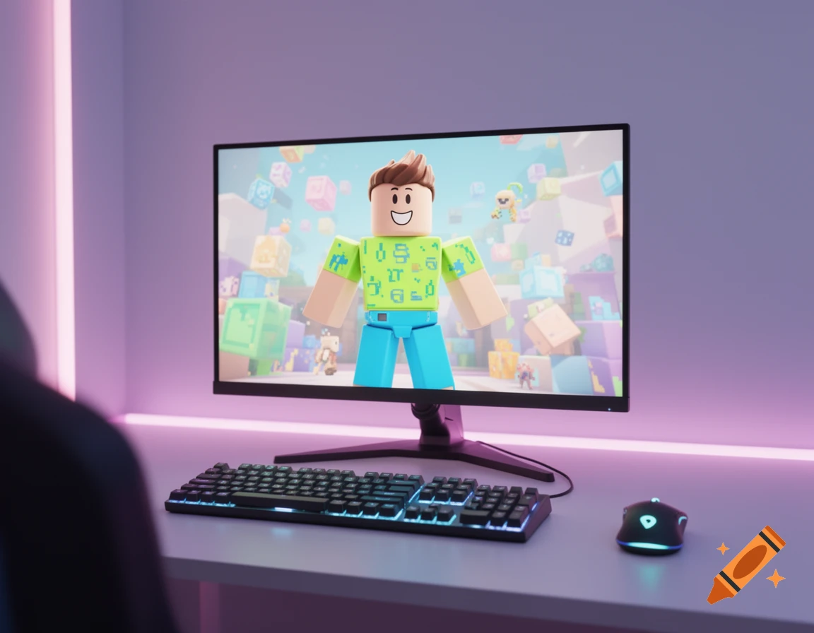 A Roblox character displayed on a desktop computer monitor, with a gaming keyboard and mouse on a desk with purple ambient lighting.