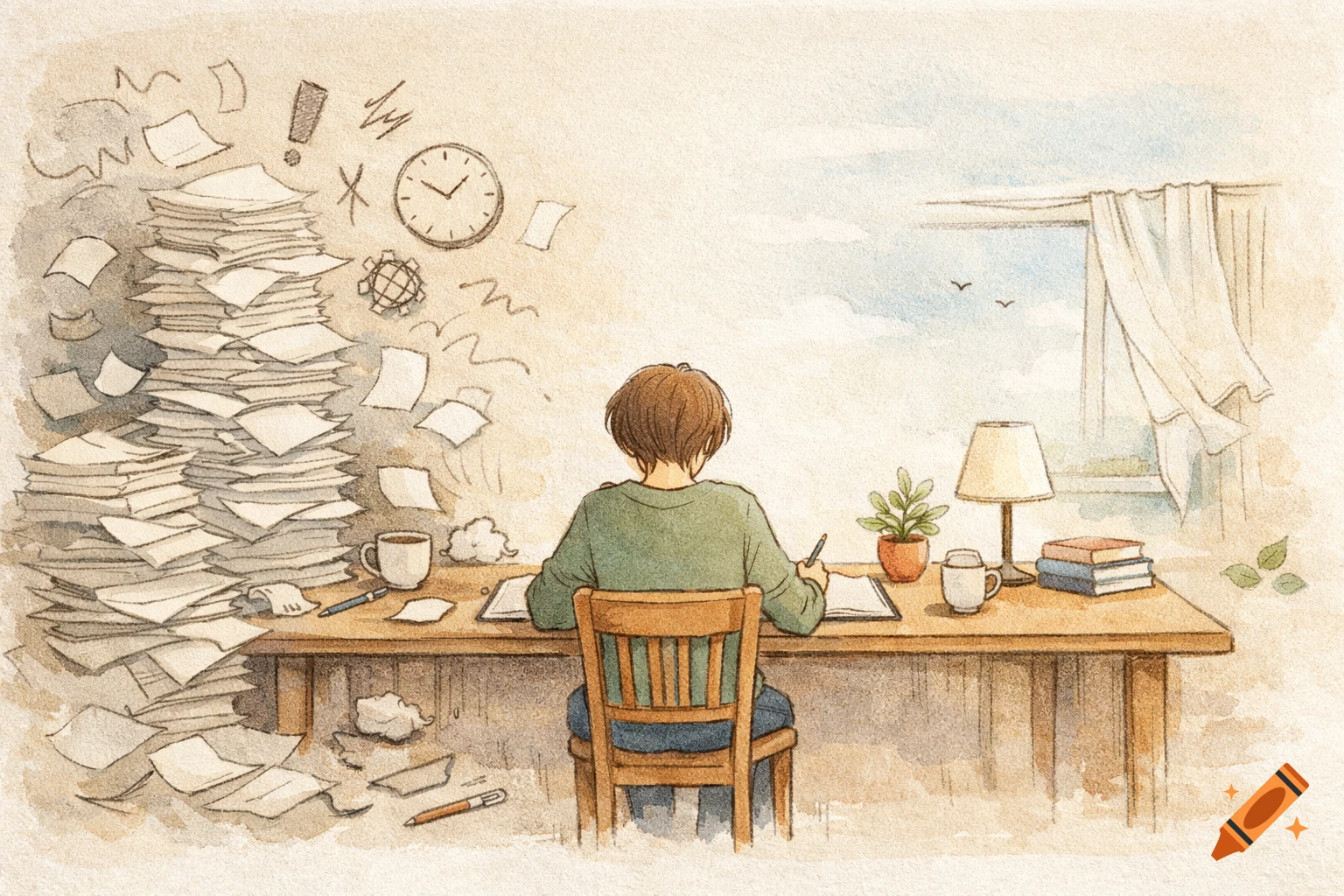 A hand-drawn watercolor illustration of a person studying at a desk, with a messy pile of papers on one side and a calm window view on the other.