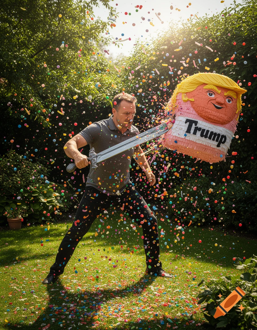 A man strikes a Donald Trump-shaped piñata with a sword in a garden, as candies and sprinkles fly around.