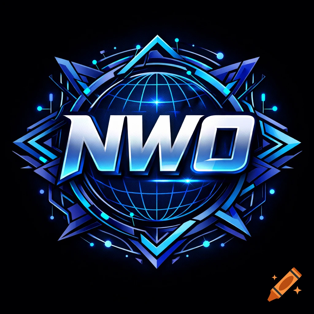A glowing blue and silver metallic logo featuring the letters "NWO" in the center, surrounded by futuristic geometric patterns and a globe grid on a black background.