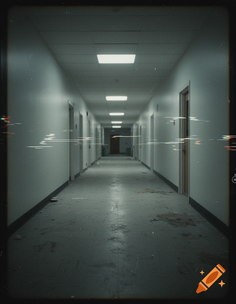 A long, empty, dimly lit hallway with white walls, floor tiles, and ceiling lights, featuring VHS-style glitches and a vintage film border.