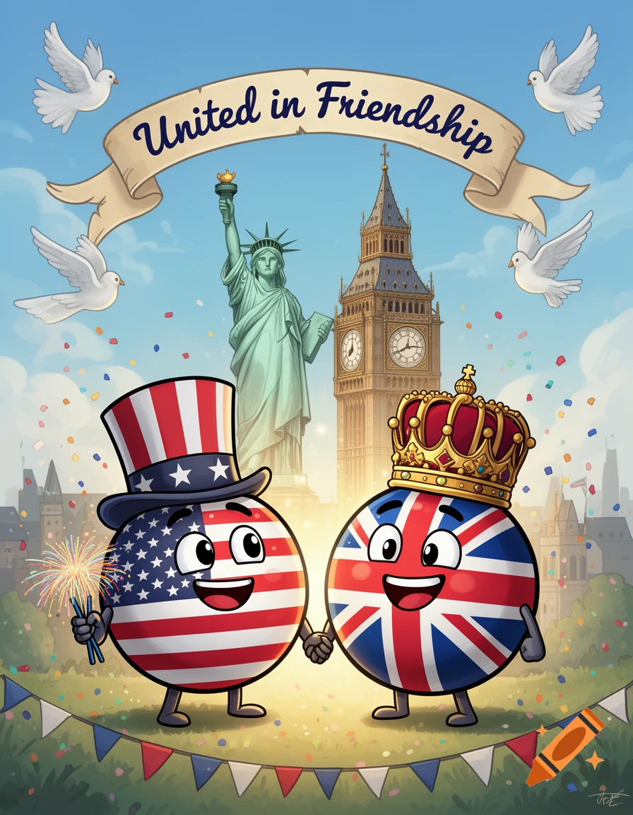 Cartoon American and British flag characters holding hands, with the Statue of Liberty and Big Ben in the background, under a 'United in Friendship' banner.