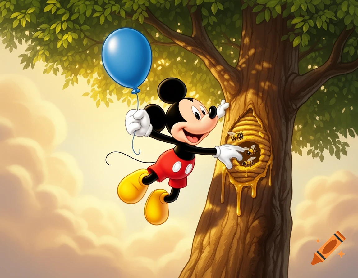 Cartoon Mickey Mouse floats with a blue balloon, reaching into a tree's beehive as bees fly around, with honey dripping.