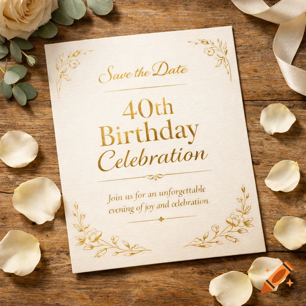 An elegant 'Save the Date' invitation for a 40th birthday celebration, featuring golden text, rose petals, and a ribbon on a wooden table.