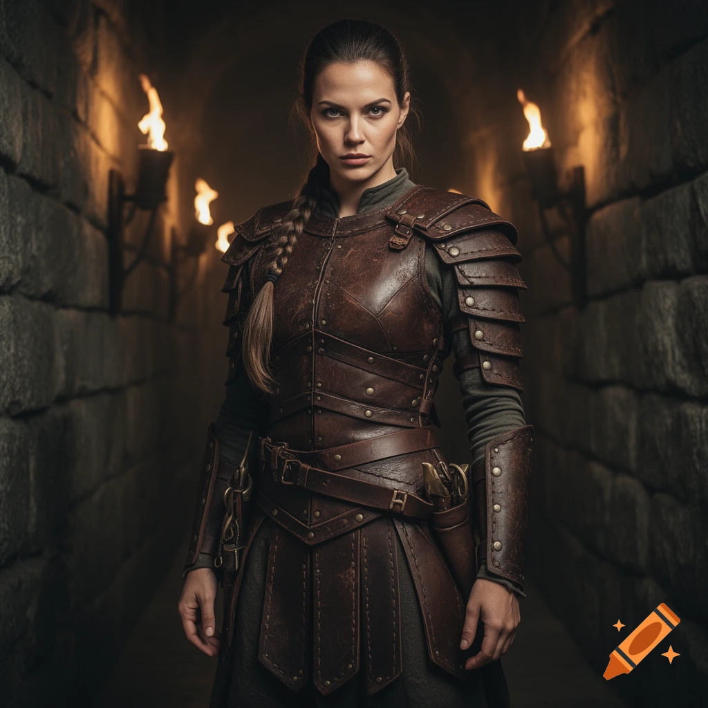 A photorealistic female warrior in dark leather armor stands in a torch-lit stone dungeon hallway.