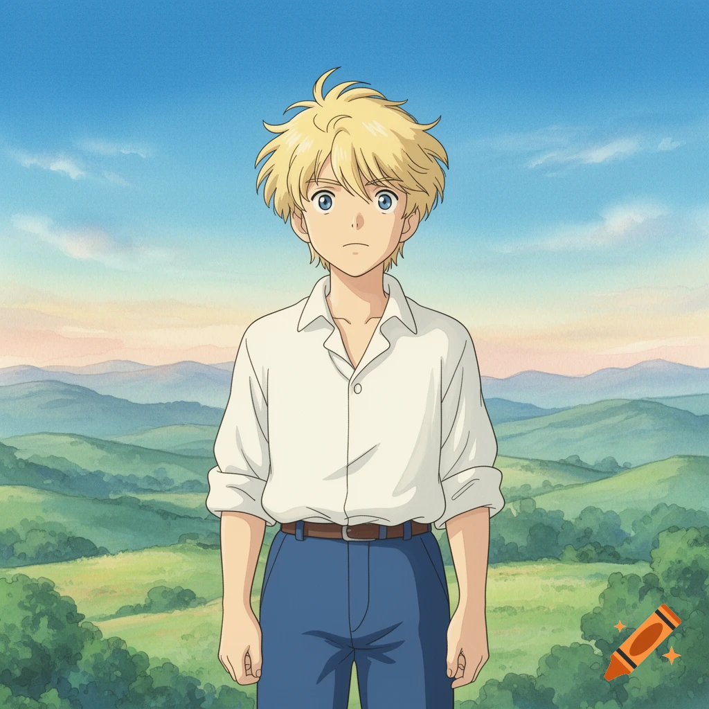 A blond male anime character with blue eyes, wearing a white shirt and blue pants, stands in a green, hilly Ghibli-style landscape under a blue sky.