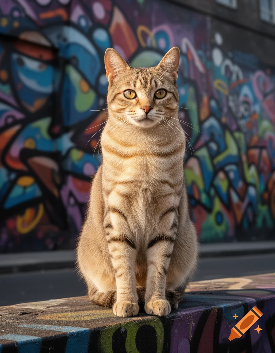 A photorealistic tabby cat with green eyes sits on a graffiti-covered ...