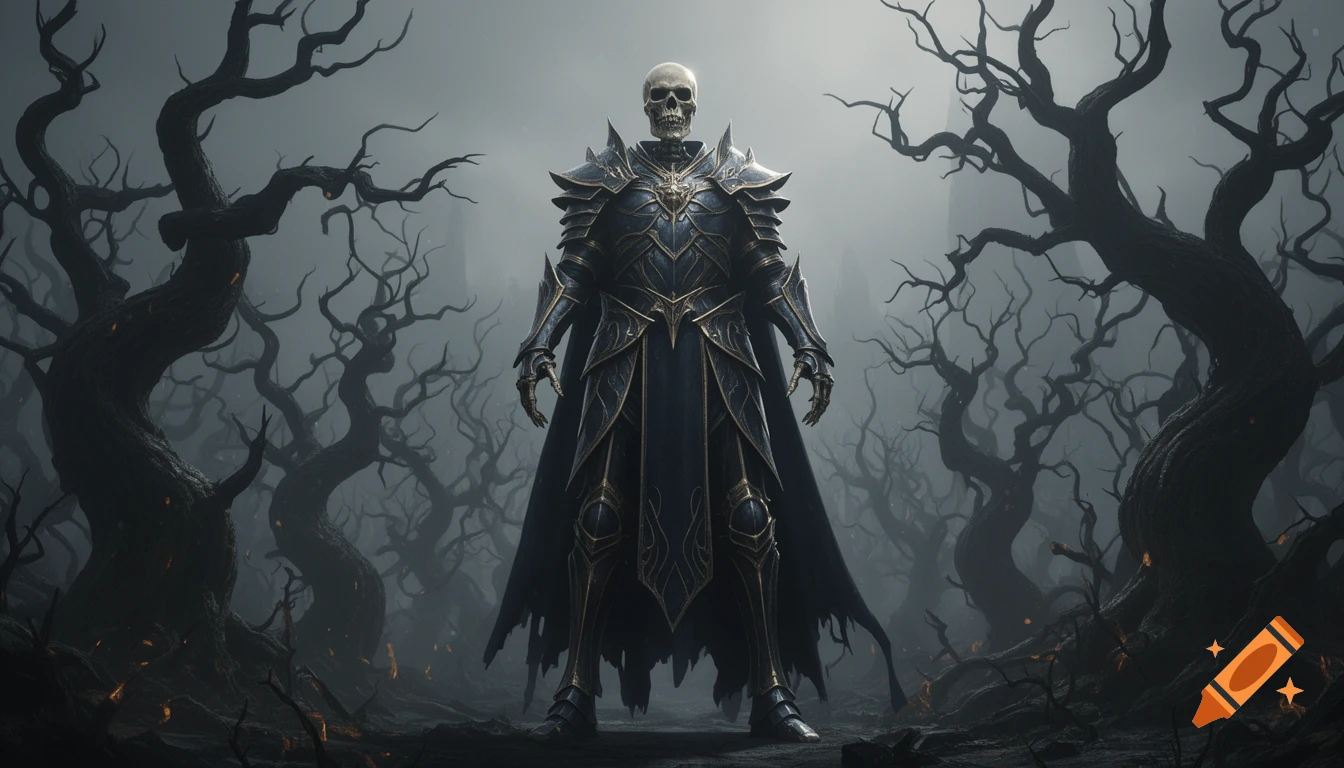 A skeletal warrior in ornate dark armor stands in a misty, haunting forest of twisted, bare black trees.