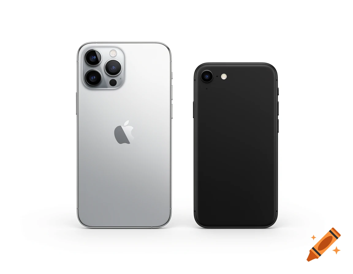 A silver iPhone with a triple camera array and a black iPhone with a single camera, both seen from the back, are placed side by side on a white background in a photorealistic style.