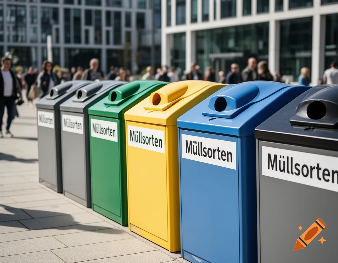 A row of colorful recycling bins, labeled "Müllsorten", stands on a city sidewalk with blurred people and buildings in the background.