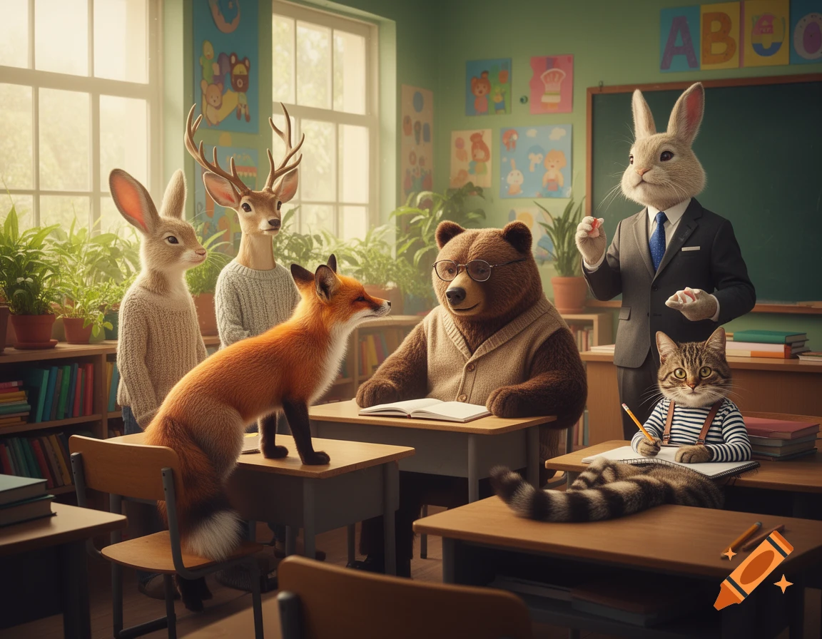 An anthropomorphic rabbit teacher stands at the front of a classroom with animal students, including a bear, fox, cat, and deer.