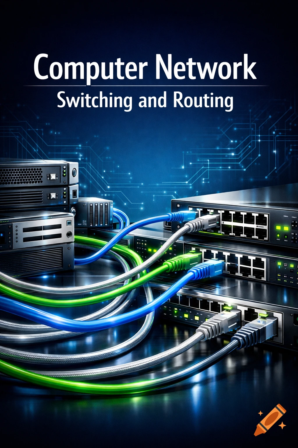 Photorealistic poster featuring text 'Computer Network Switching and Routing' above network switches, servers, and colorful cables.