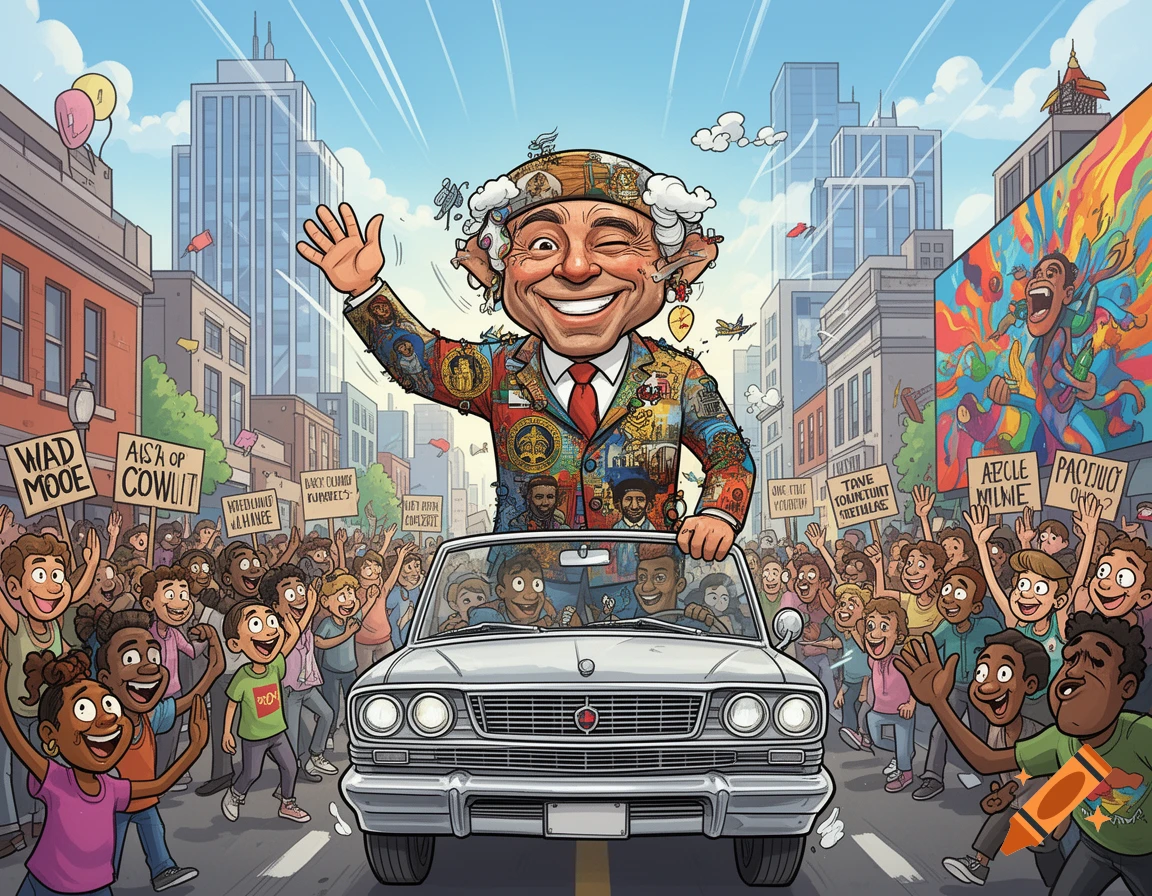 A cartoon mayor in a decorated suit winks and waves from a car during a lively city parade, with cheering crowds and buildings.