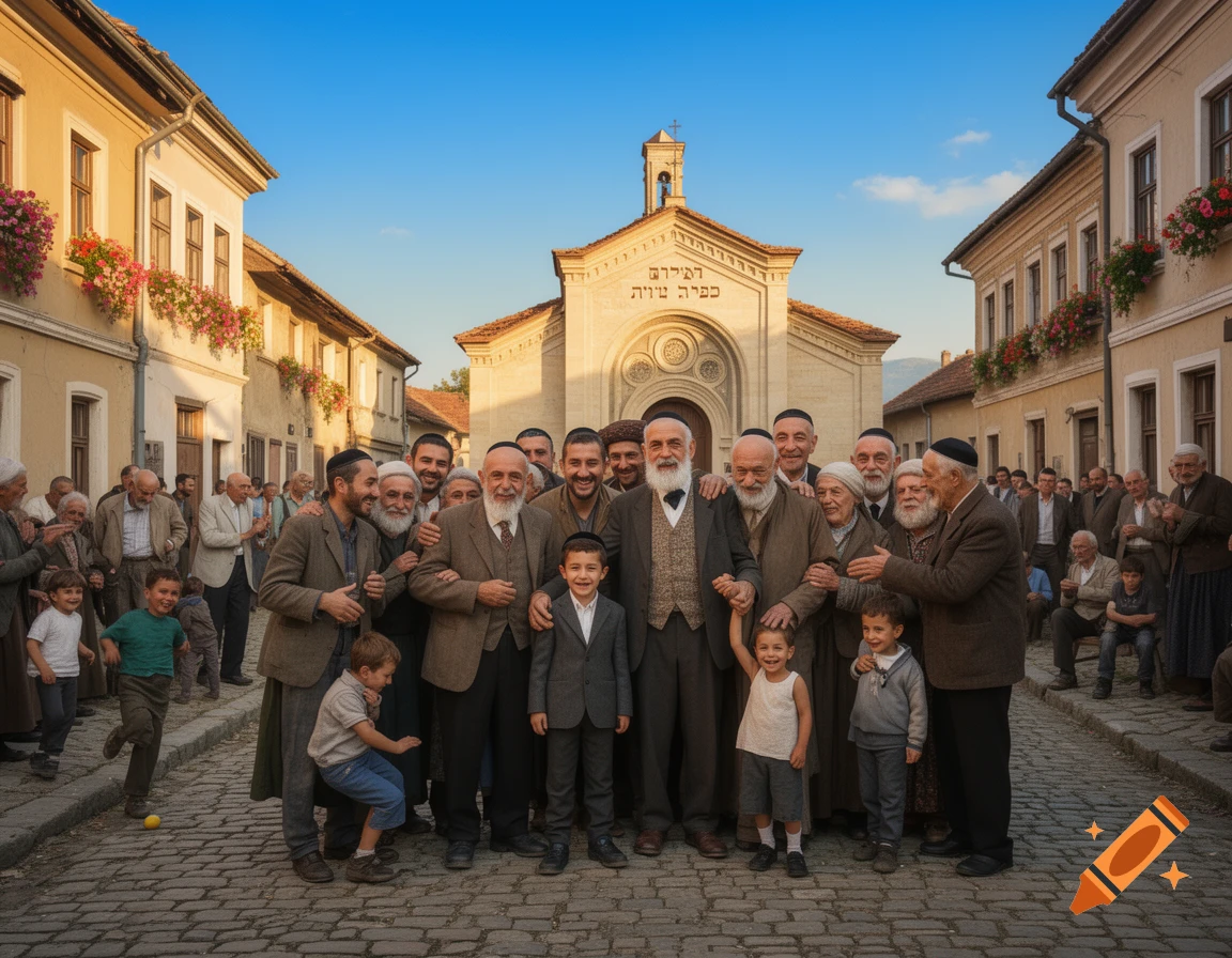 A large, happy community, including men, women, and children, pose for a photo on a cobblestone street in a historic town.