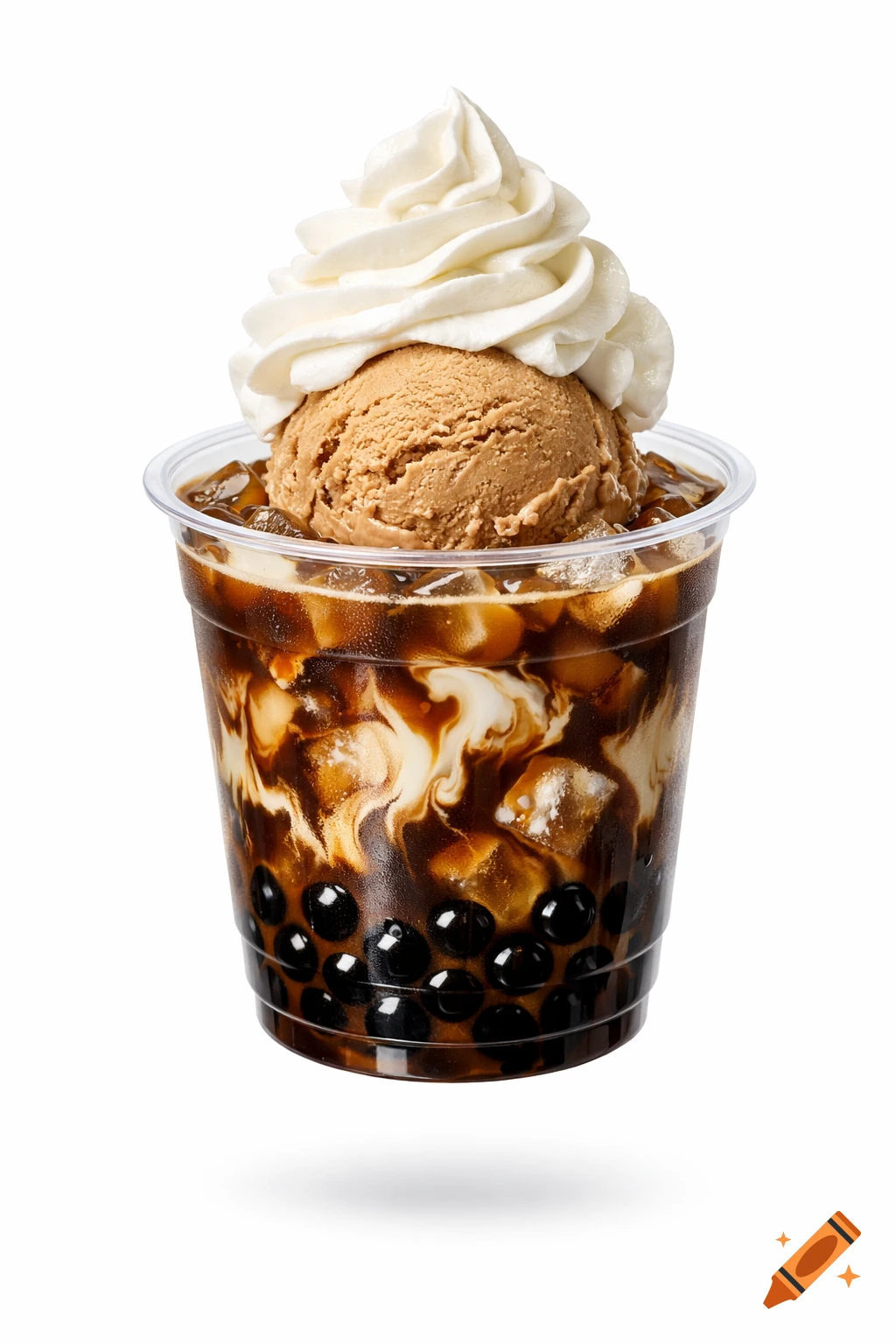 Photorealistic image of a boba tea ice cream float in a plastic cup with coffee ice cream, whipped cream, dark coffee, and ice on a white background.