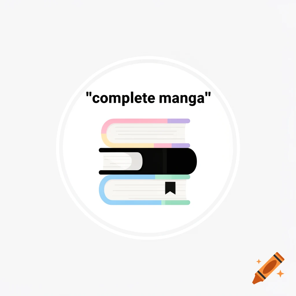 A minimalist icon with a stack of pastel-colored books and the text 'complete manga' inside a white circle.