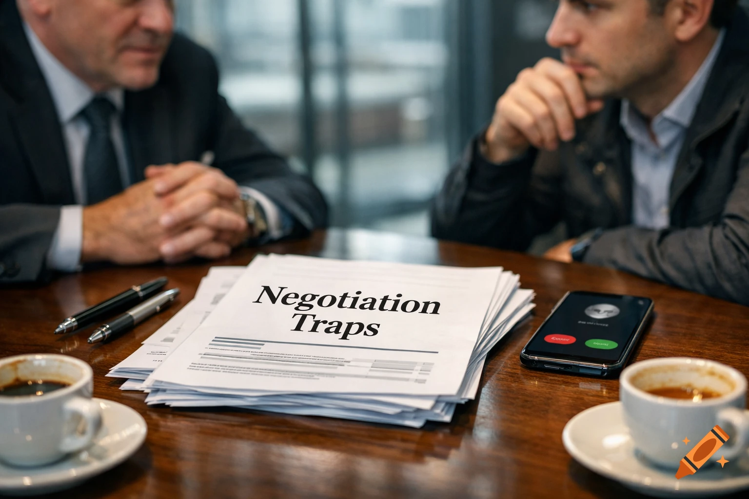Two men in a business meeting, with a stack of papers titled 'Negotiation Traps', coffee, and a phone on the table. Photorealistic.