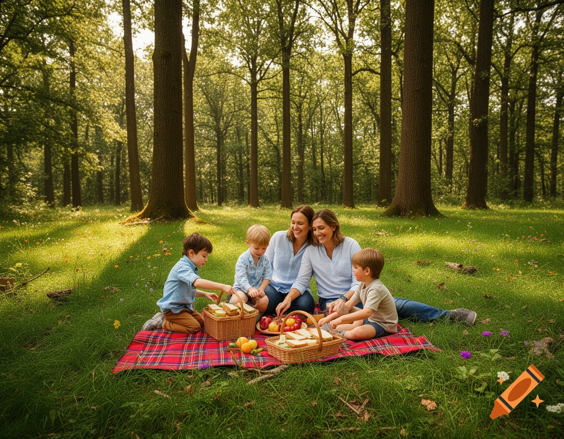 Two women and three children enjoy a picnic on a red plaid blanket in a sunlit forest.