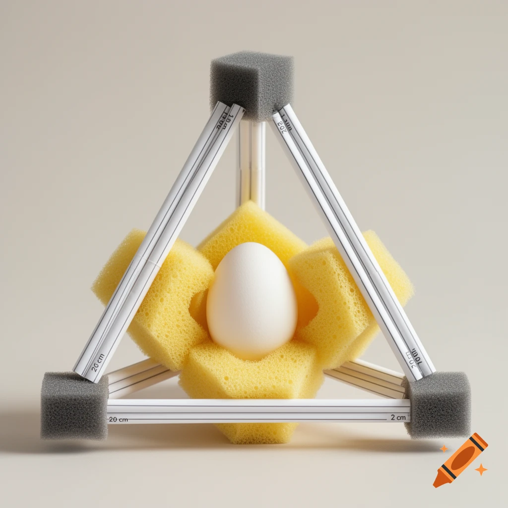 A white egg sits in a nest of yellow sponges, all enclosed within a geometric structure made of white paper sticks and gray foam blocks on a light background.